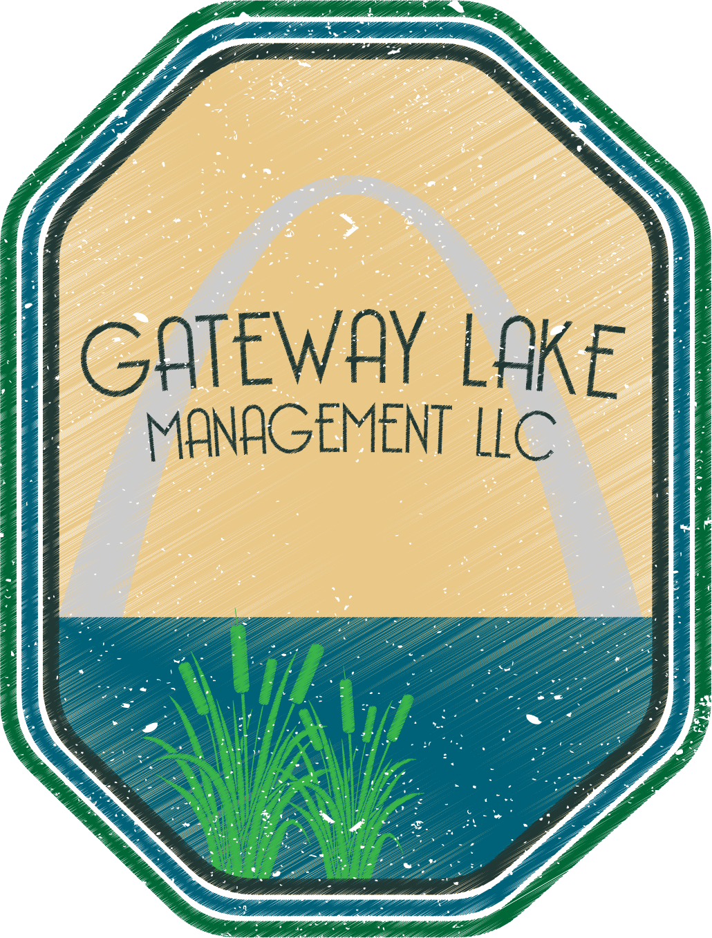 Gateway Lake Management LLC logo with St. Louis arch, pond and cattails